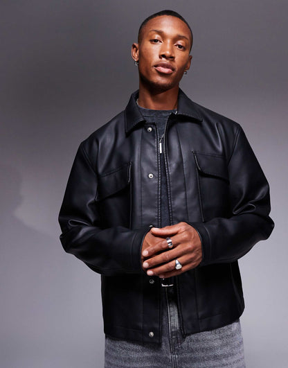 Faux Leather Oversized Crop Harrington Jacket With Pockets