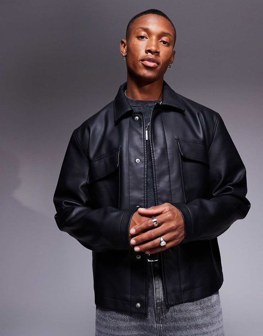 Faux Leather Oversized Crop Harrington Jacket With Pockets