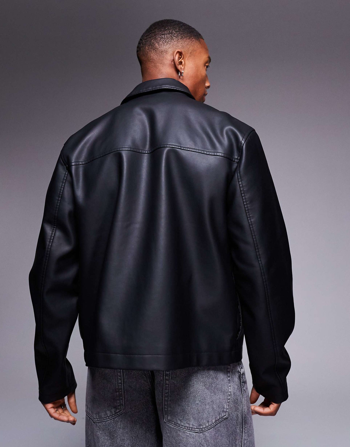 Faux Leather Oversized Crop Harrington Jacket With Pockets