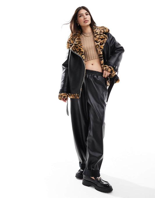 Faux Leather Aviator With Leopard Contrast Faux Fur