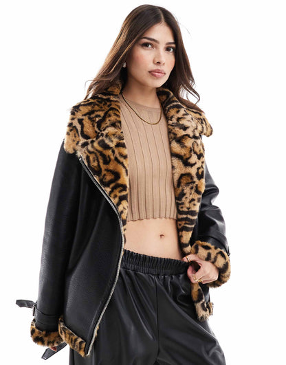 Faux Leather Aviator With Leopard Contrast Faux Fur