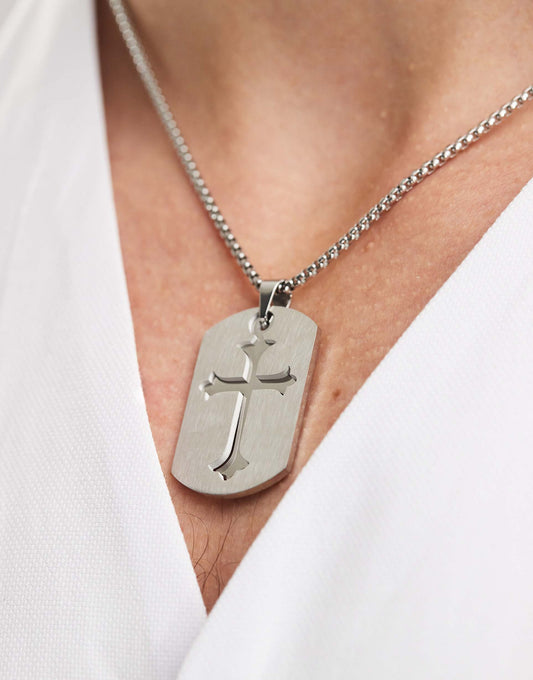 Waterproof Stainless Steel Necklace With Brushed Metal Cross Tag Pendant