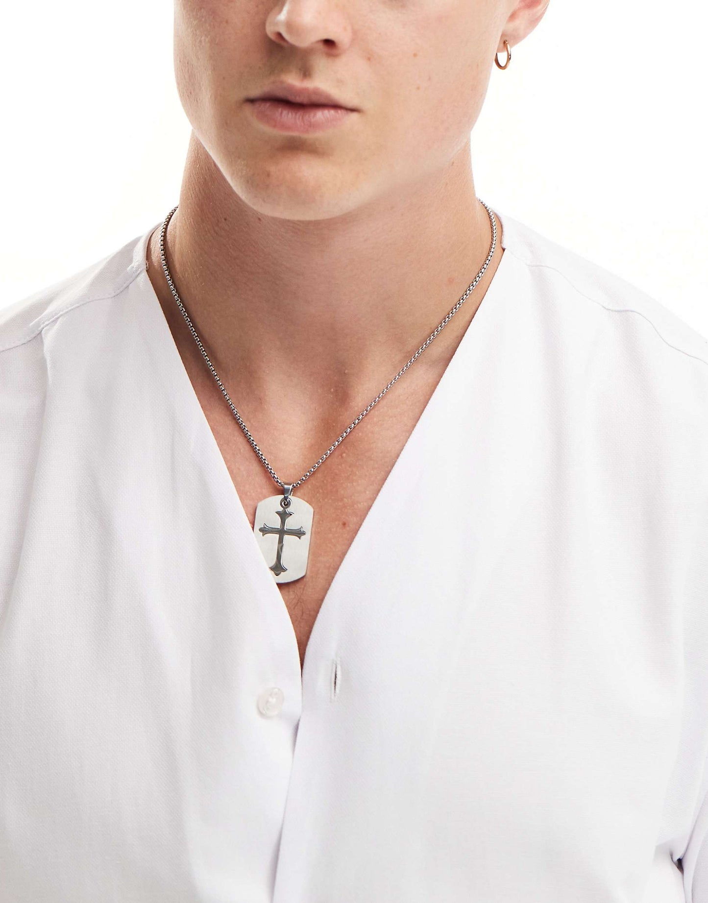 Waterproof Stainless Steel Necklace With Brushed Metal Cross Tag Pendant