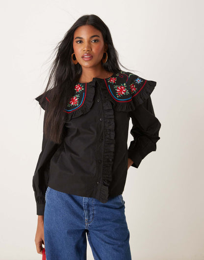 Shirt With Embroidered Oversized Frill Collar