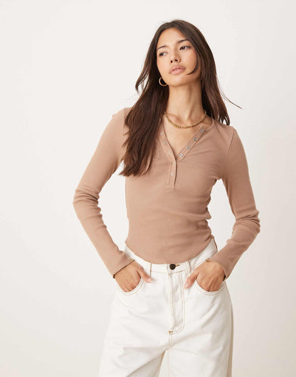 Henley Long Sleeve Top With Poppers