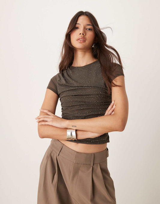 Hotfix Mesh Drape Top With Cap Sleeve