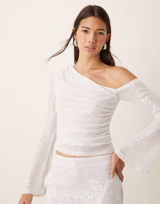 Sequin Ruched Asymmetric Neck Top