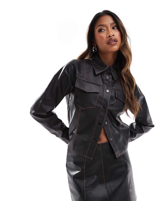 Contrast Stitching Leather Look Boxy Co-Ord Shirt