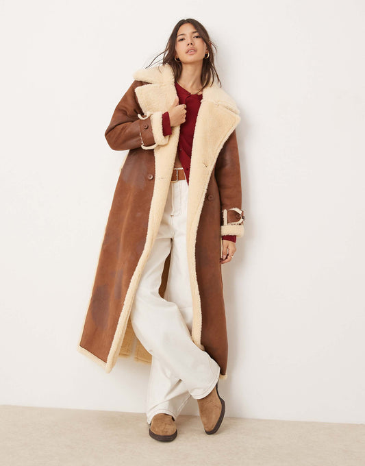 Borg Contrast Belted Maxi Wrap Coat