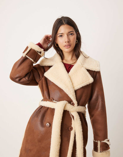 Borg Contrast Belted Maxi Wrap Coat