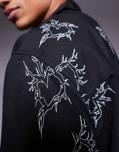 Boxy Oversized Deep Revere Shirt With Heart Print