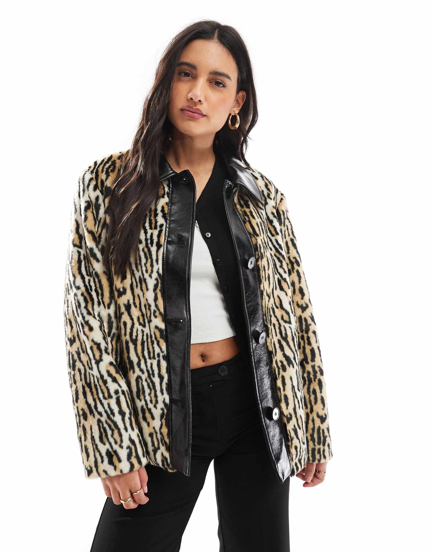 Leather Collar Faux Fur Jacket