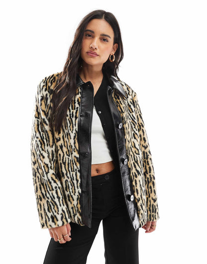 Leather Collar Faux Fur Jacket