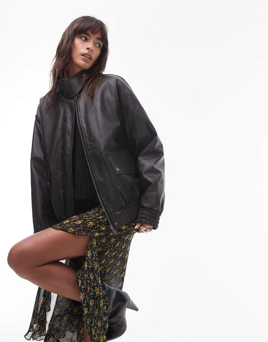 Faux Leather Oversized Bomber Jacket