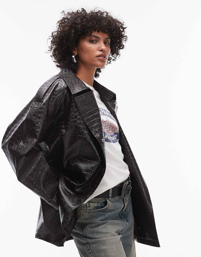 Faux Leather Croc Trench Coat