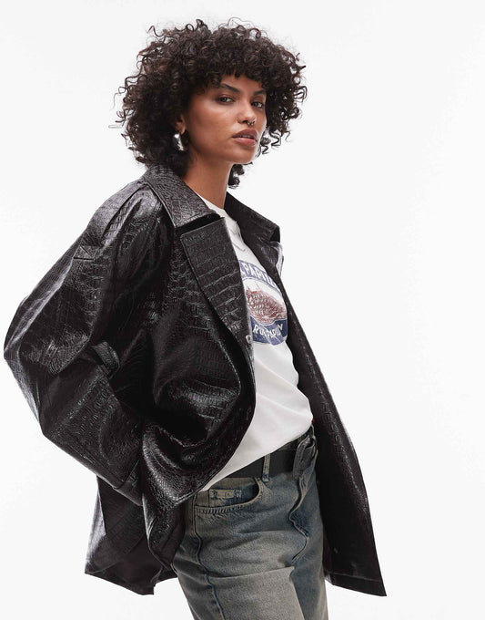 Faux Leather Croc Trench Coat