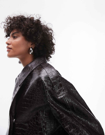 Faux Leather Croc Trench Coat