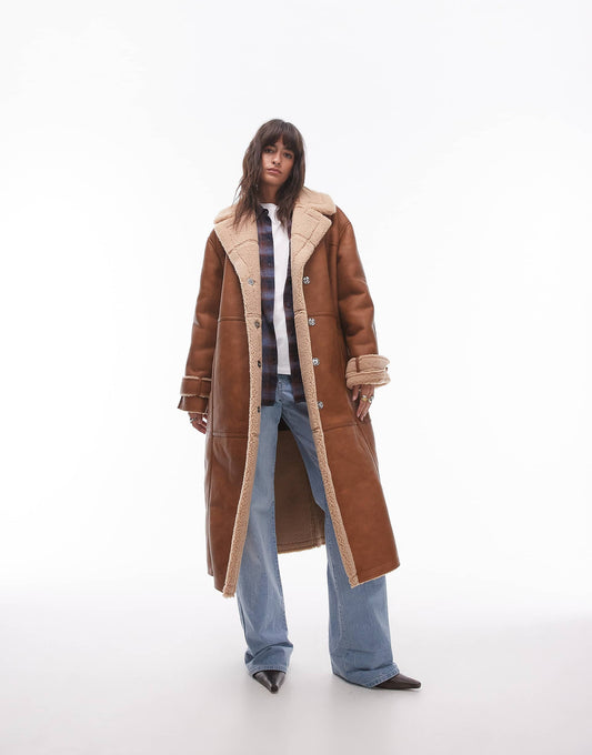 Faux Leather Shearling Long Aviator Jacket