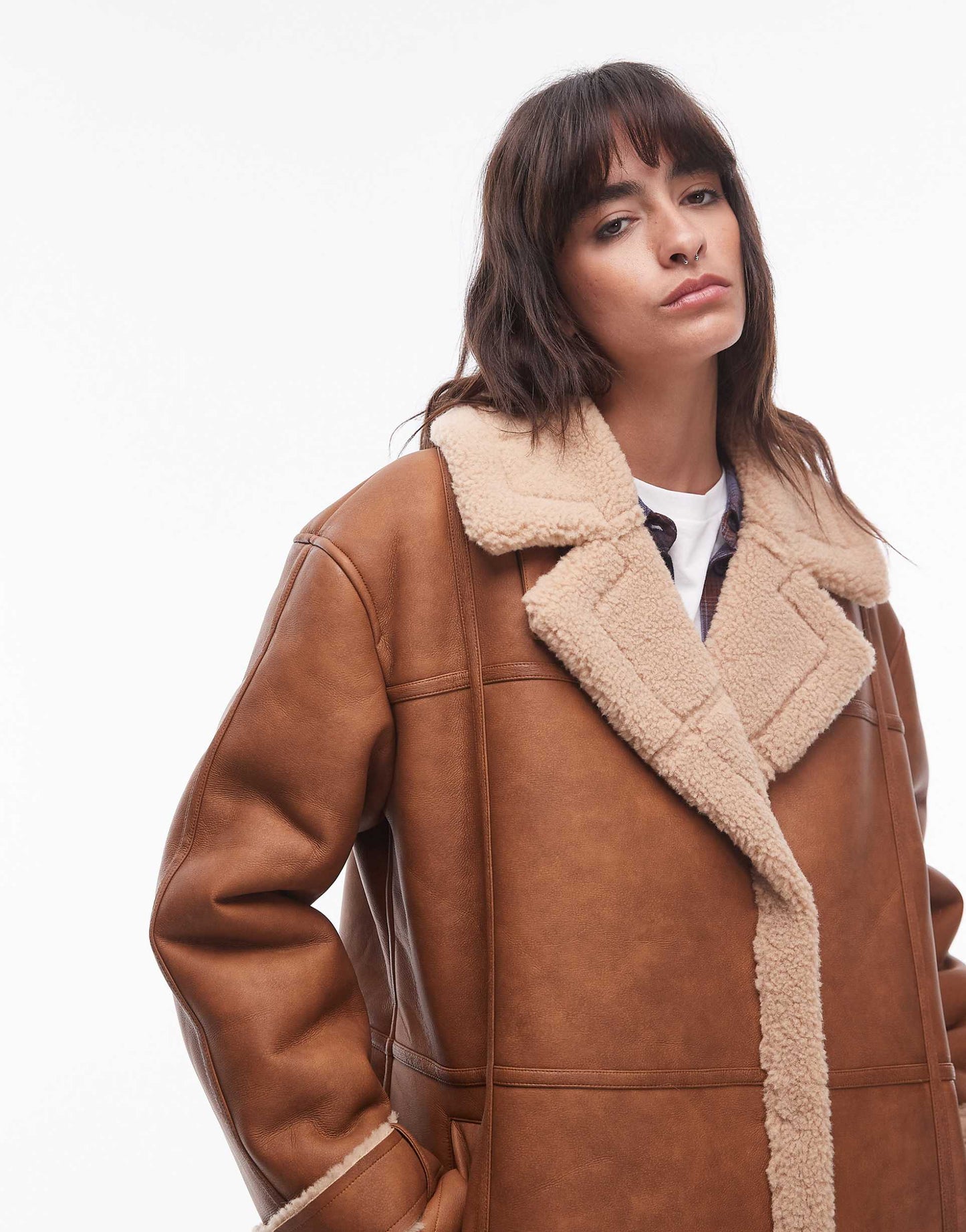 Faux Leather Shearling Long Aviator Jacket