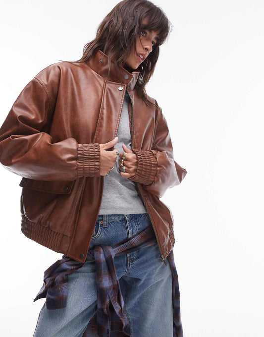 Faux Leather Oversized Bomber Jacket