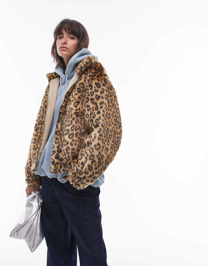 Faux Fur Leopard Print Zip Through Bomber Jacket