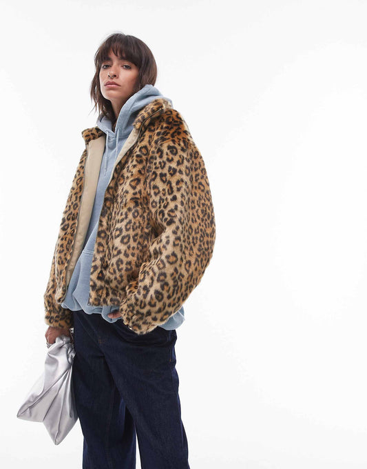 Faux Fur Leopard Print Zip Through Bomber Jacket