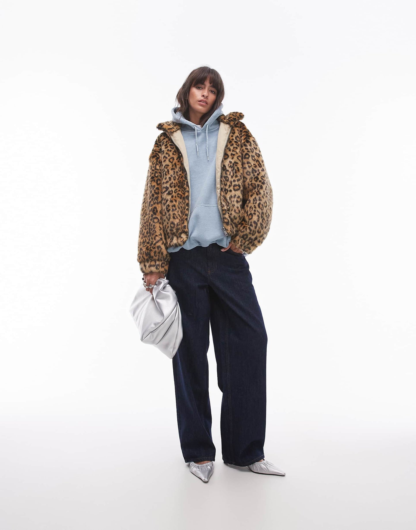 Faux Fur Leopard Print Zip Through Bomber Jacket