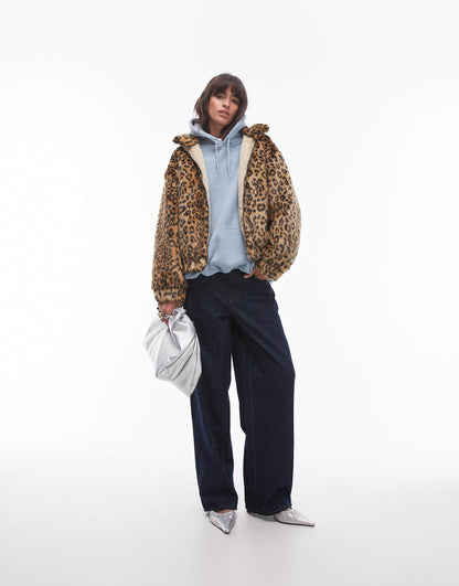Faux Fur Leopard Print Zip Through Bomber Jacket