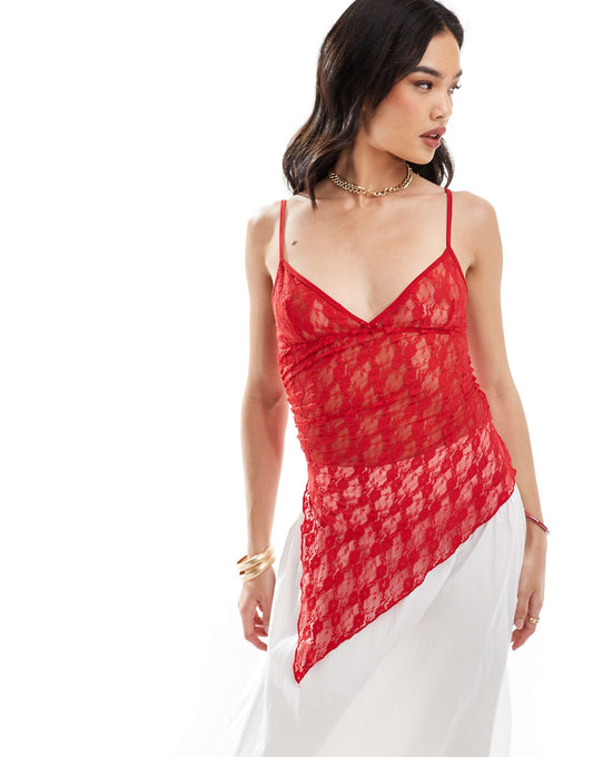 Lace Strappy Cami With Asymmetric Hem