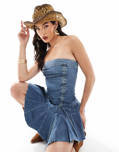 Dipped Hem Denim Bandeau Mini Dress