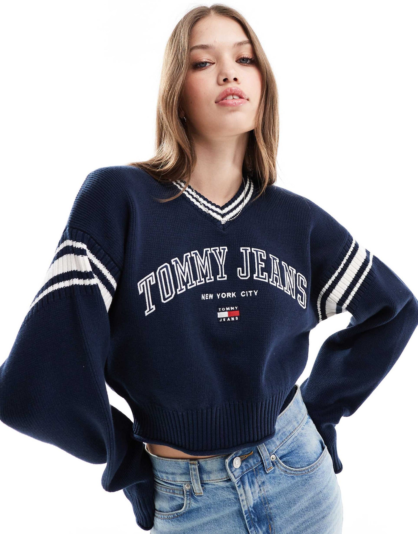 Crop Varsity V Neck Jumper