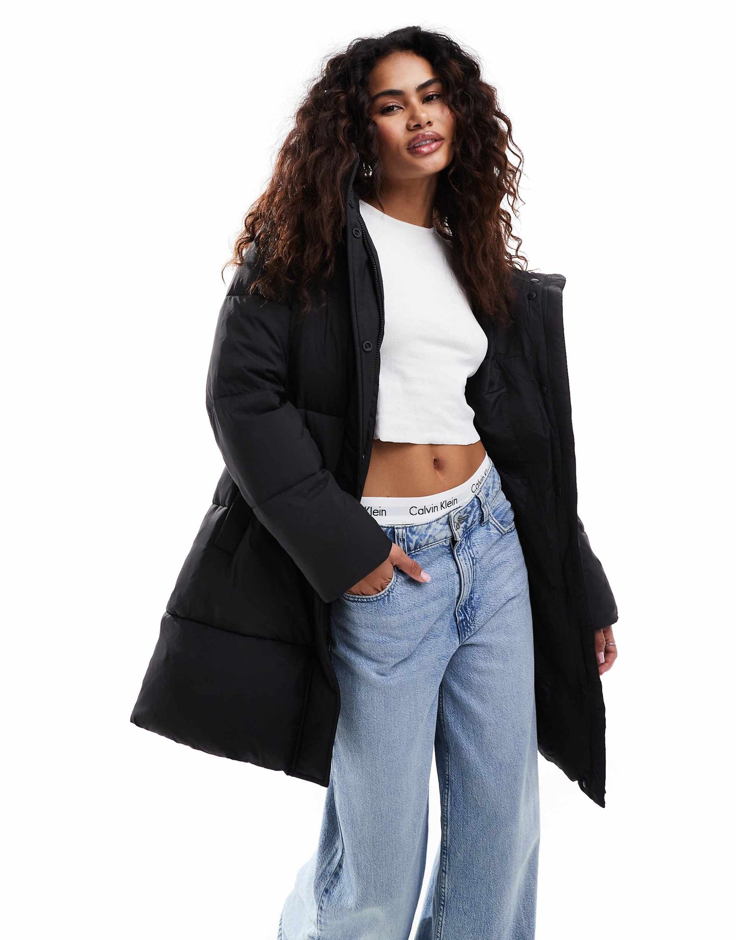 Jeans Logo Belt Long Puffer Jacket