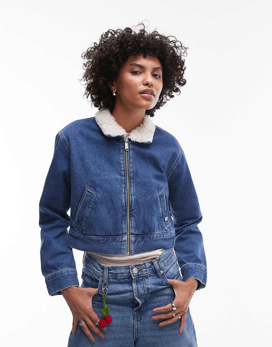 Sherpa Collar Zip Thru Denim Jacket