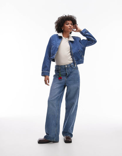 Sherpa Collar Zip Thru Denim Jacket