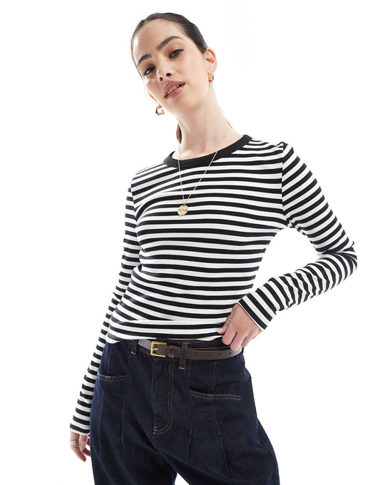 Jeans Woven Label Stripe Long Sleeve Rib T-Shirt