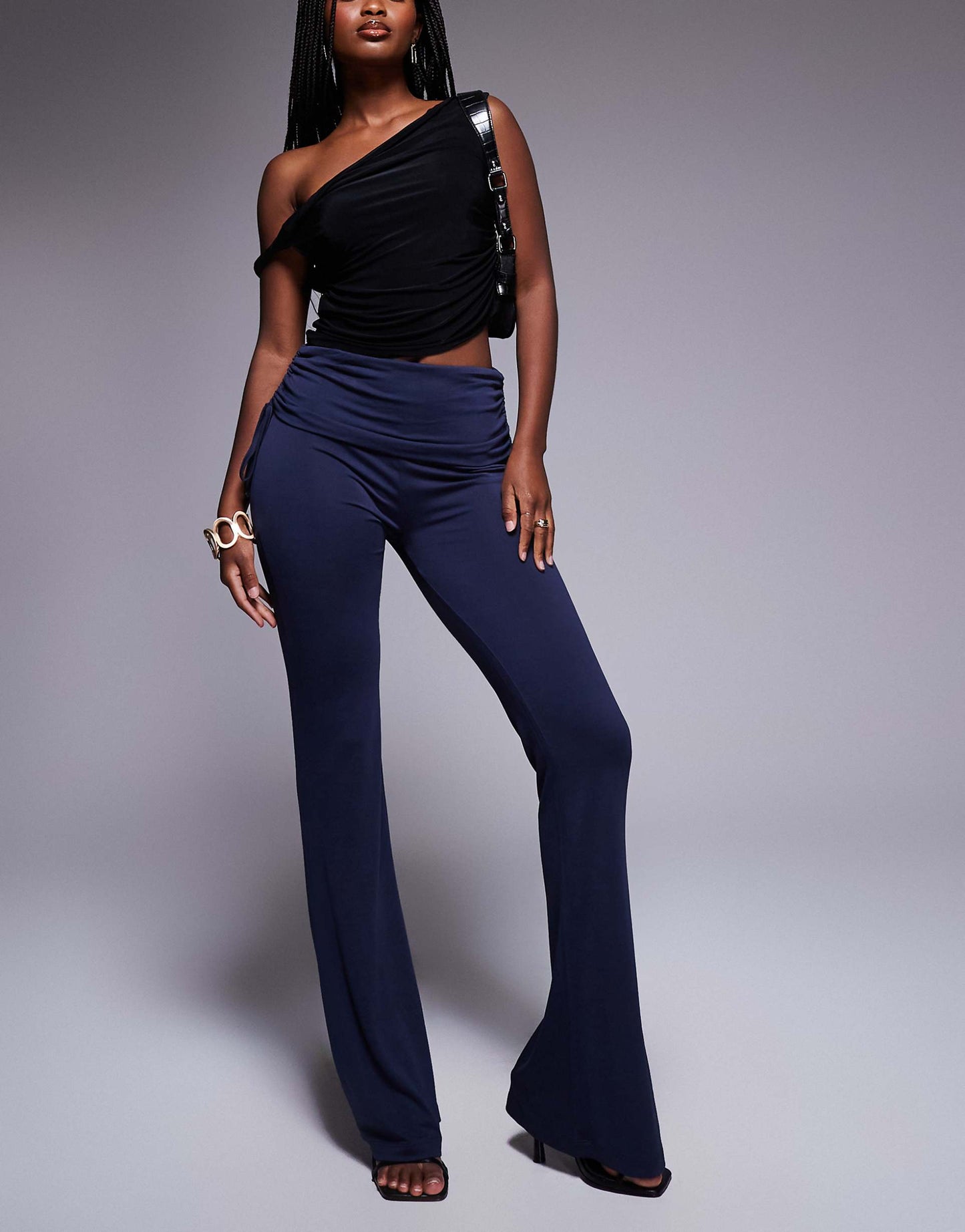 Soft Handle Fold Over Waist Kick Flare Trousers With Ruched Detail