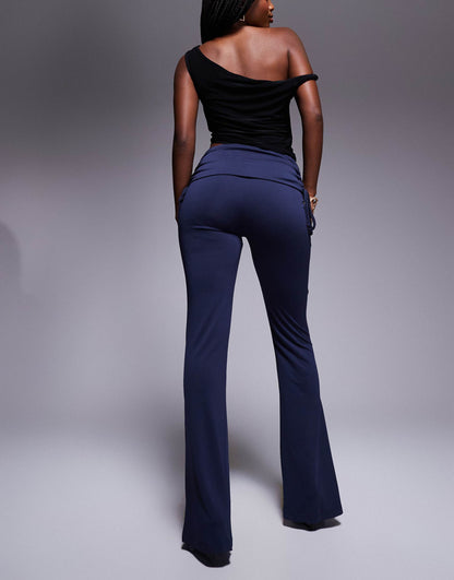 Soft Handle Fold Over Waist Kick Flare Trousers With Ruched Detail