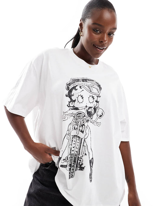 Curve Boyfriend Fit T-Shirt With Motorbike Betty Boop Licence Graphic