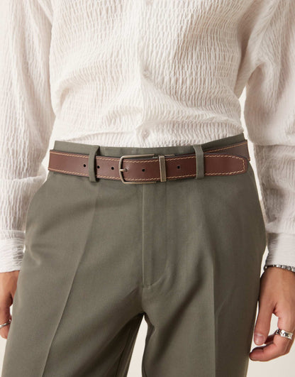 Reversible Leather Belt With Burnished Silver Buckle