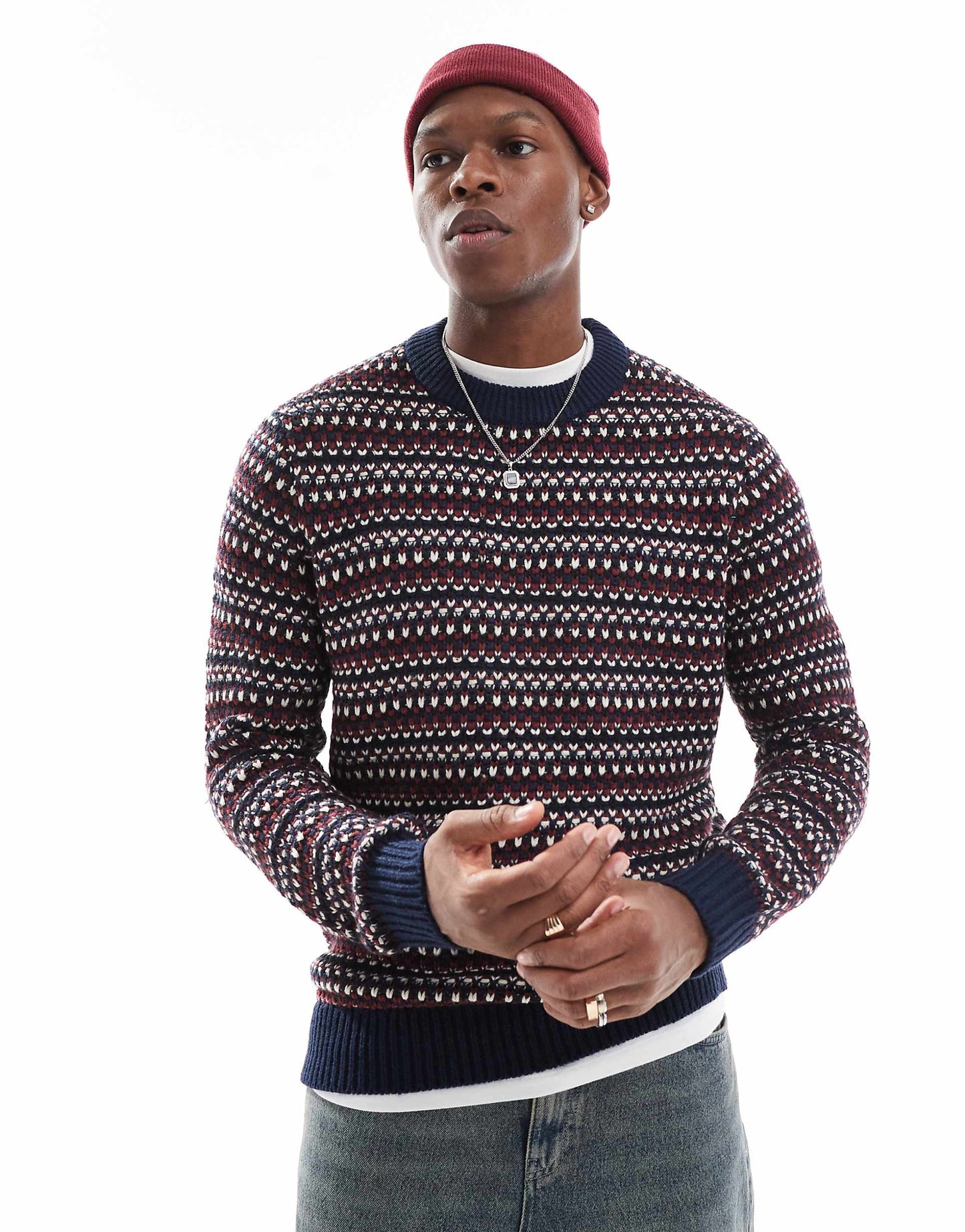 Crew Neck Structured Knit Jumper With Stripe