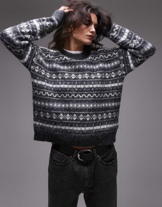 Knitted All Over Fairisle Print Oversized Jumper