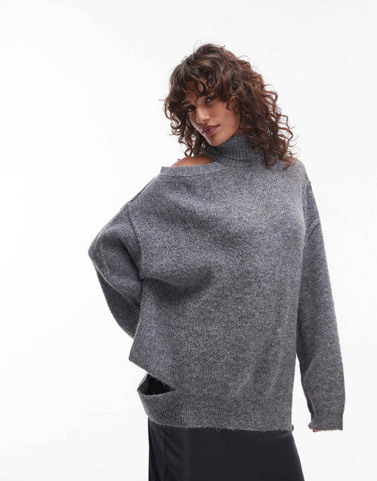 Knitted Cut-Out Asymmetric Funnel Oversized Jumper