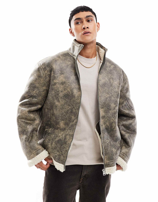 Oversized Faux Leather Aviator Jacket