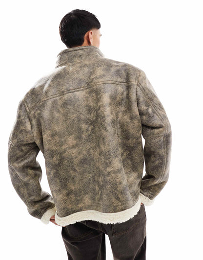 Oversized Faux Leather Aviator Jacket
