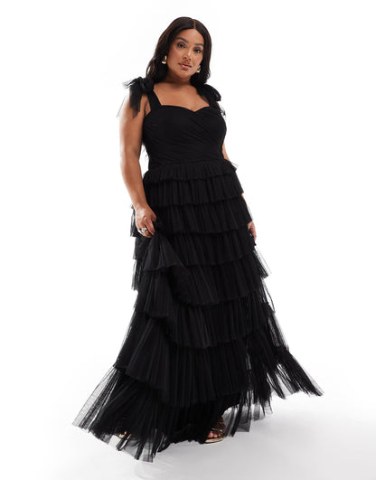 Plus Bow Shoulder Ruffle Maxi Dress In Black