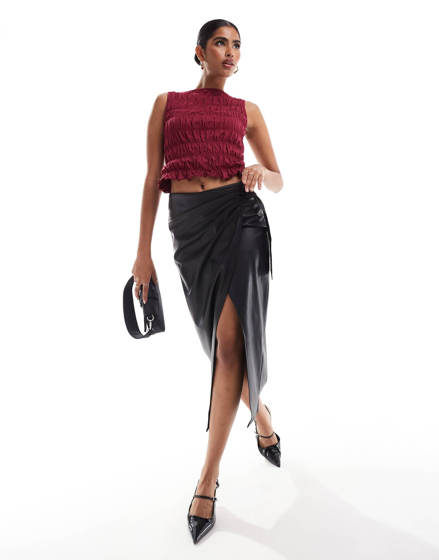 Faux Leather Midi Skirt With Wrap Detail