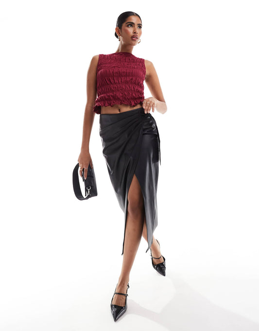 Faux Leather Midi Skirt With Wrap Detail