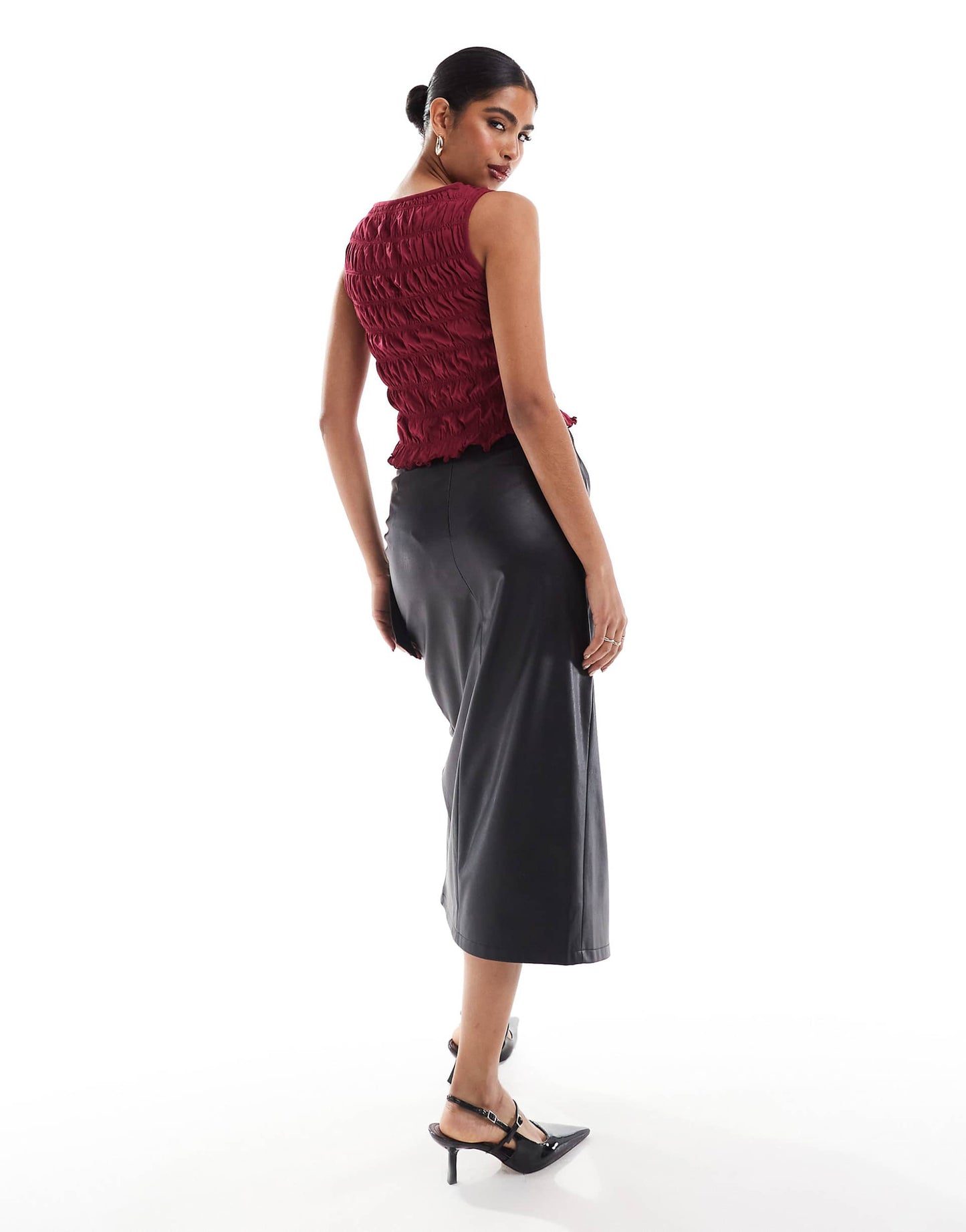 Faux Leather Midi Skirt With Wrap Detail