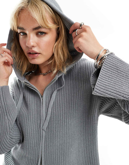 Knitted Rib Hoodie Zip Up Cardigan