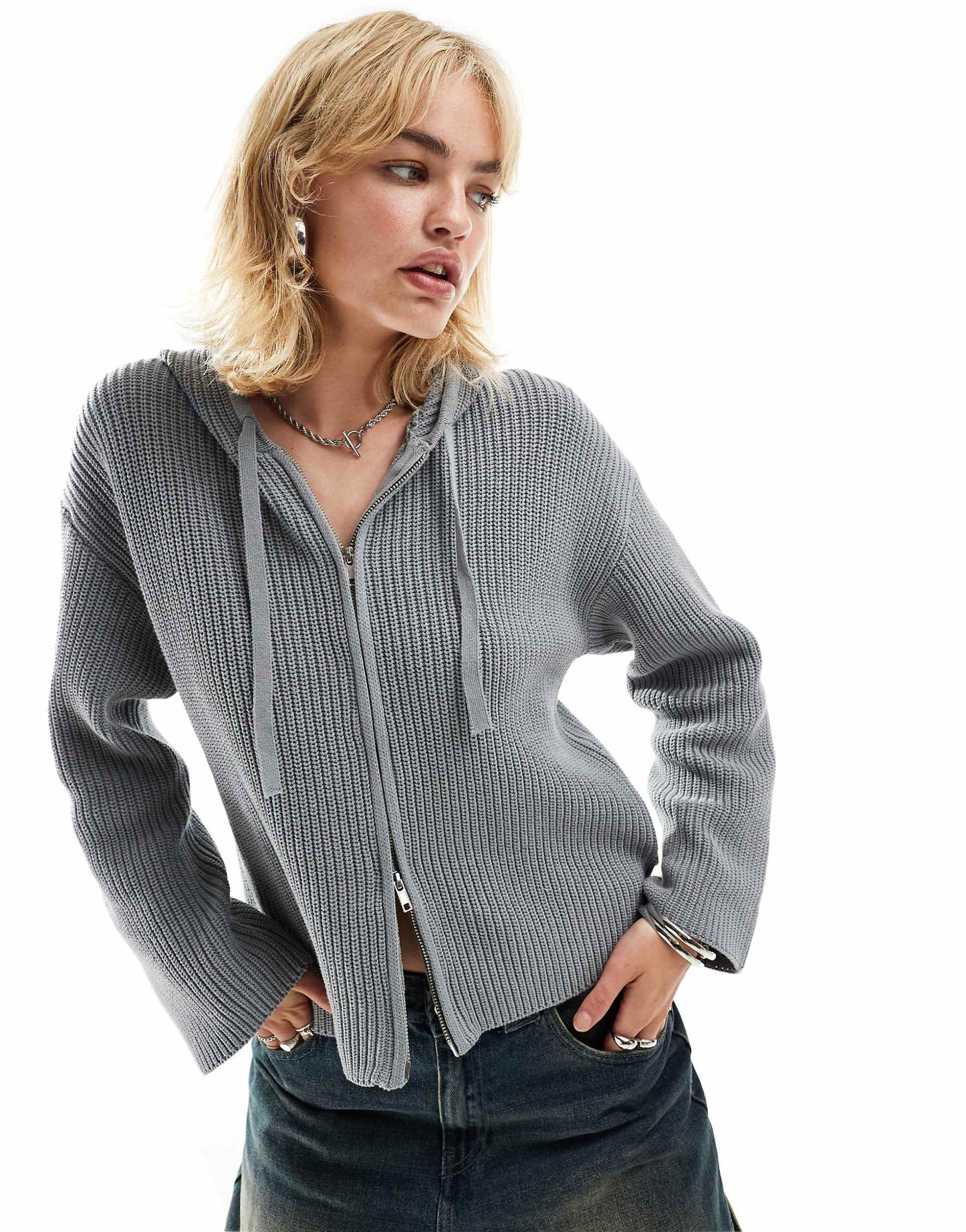 Knitted Rib Hoodie Zip Up Cardigan